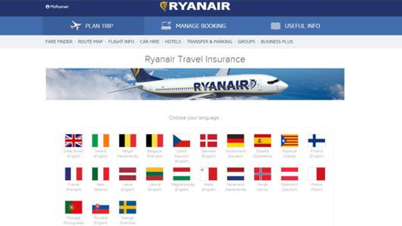 La aerolínea Ryanair adopta la 'estelada' en el apartado del seguro de viaje de la web / CG