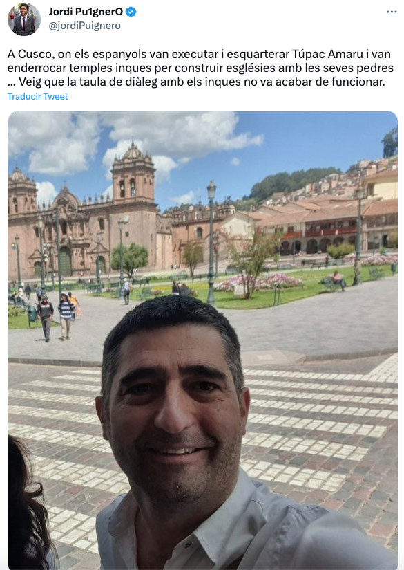 Tuit hispanófobo de Jordi Puigneró (JxCat) en su visita a Perú / TWITTER