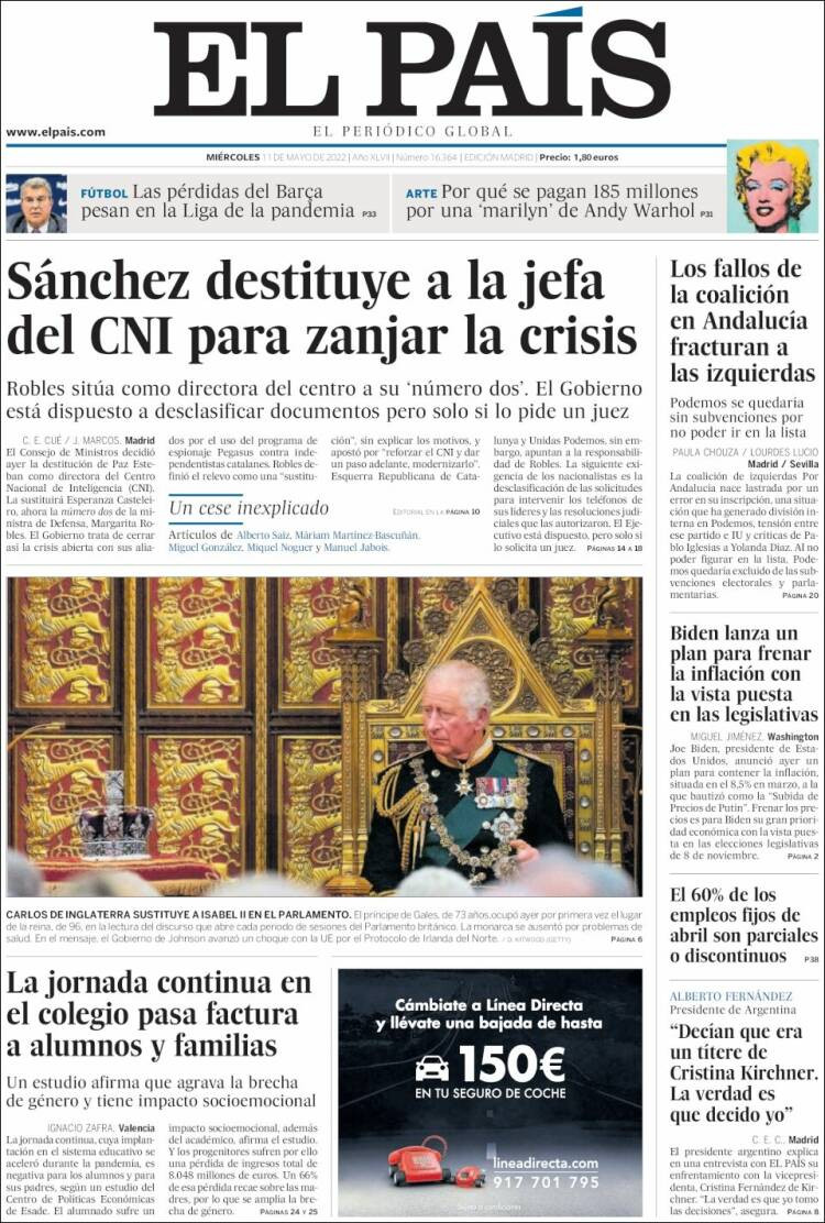Portada de 'El País' del 11 de mayo de 2022 / EL PAÍS