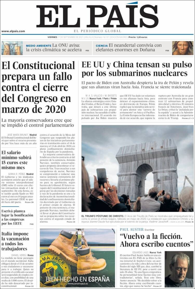 Portada de 'El País' del 17 de septiembre de 2021 / KIOSKO.NET