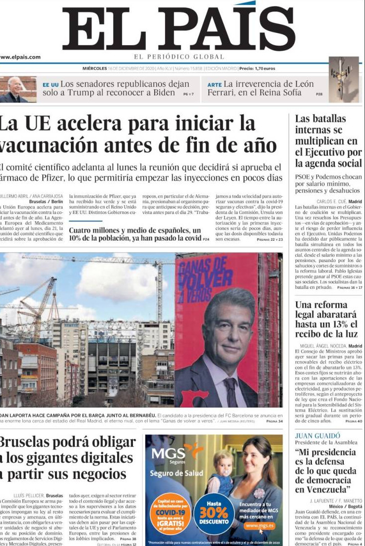 Portada de 'El País' del 16 de diciembre de 2020 / KIOSKO.NET