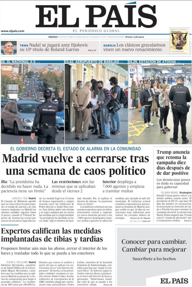 Portada de 'El País' del 10 de octubre de 2020 / KIOSKO.NET