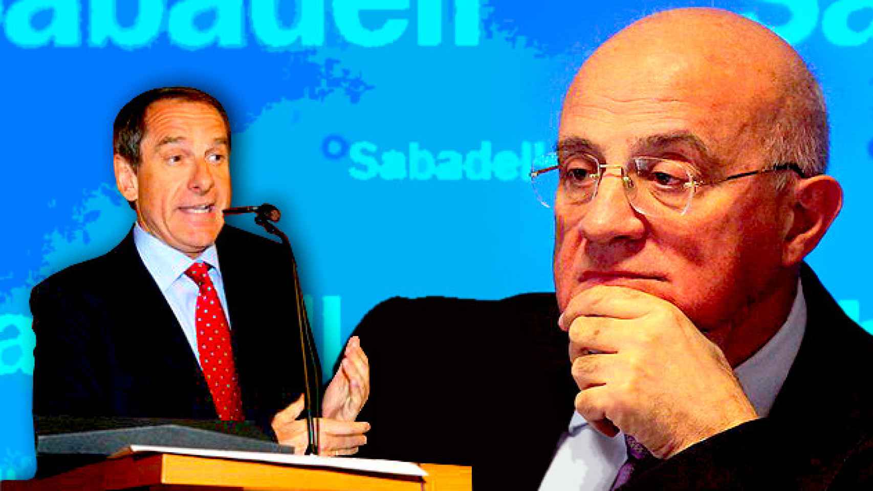 El periodista Ramon Rovira (i) y el presidente de Banc Sabadell, Josep Oliu (d) / FOTOMONTAJE CG