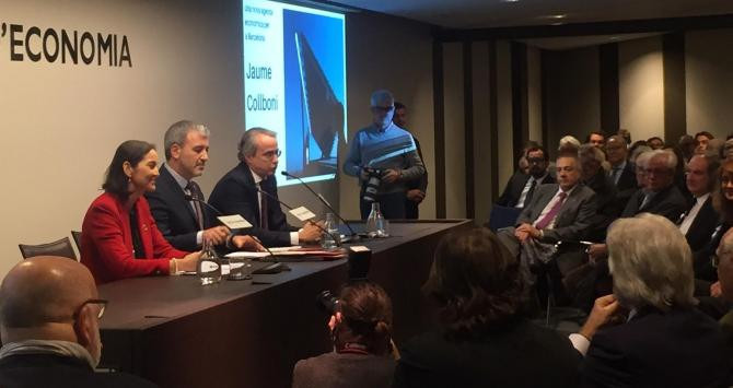 La ministra Reyes Maroto, Jaume Collboni y Javier Faus, en el Círculo de Economía / CG