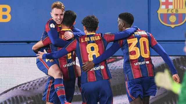 Celebración del FC Barcelona B en el gol de Peque Polo ante el Espanyol B / FC Barcelona