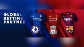 Imagen promocional de 1XBET con la imagen del Chelsea, Liverpool y Barça / Redes