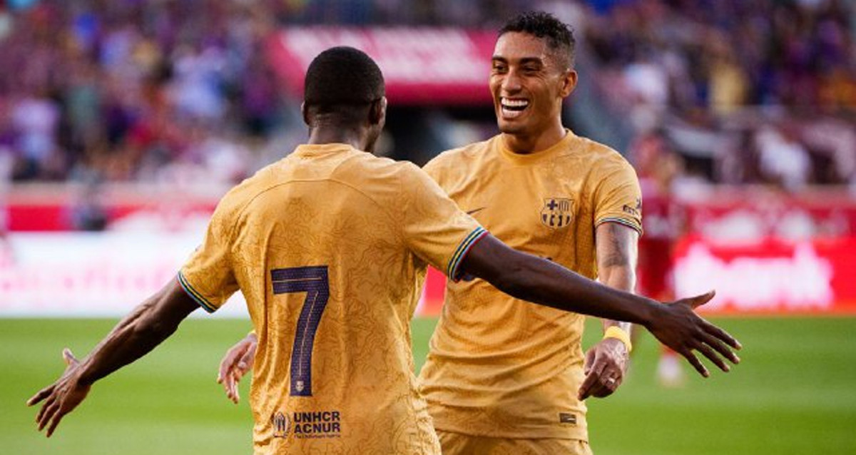 Dembelé y Raphinha, celebrando el gol de la victoria del Barça contra el New York RB FCB