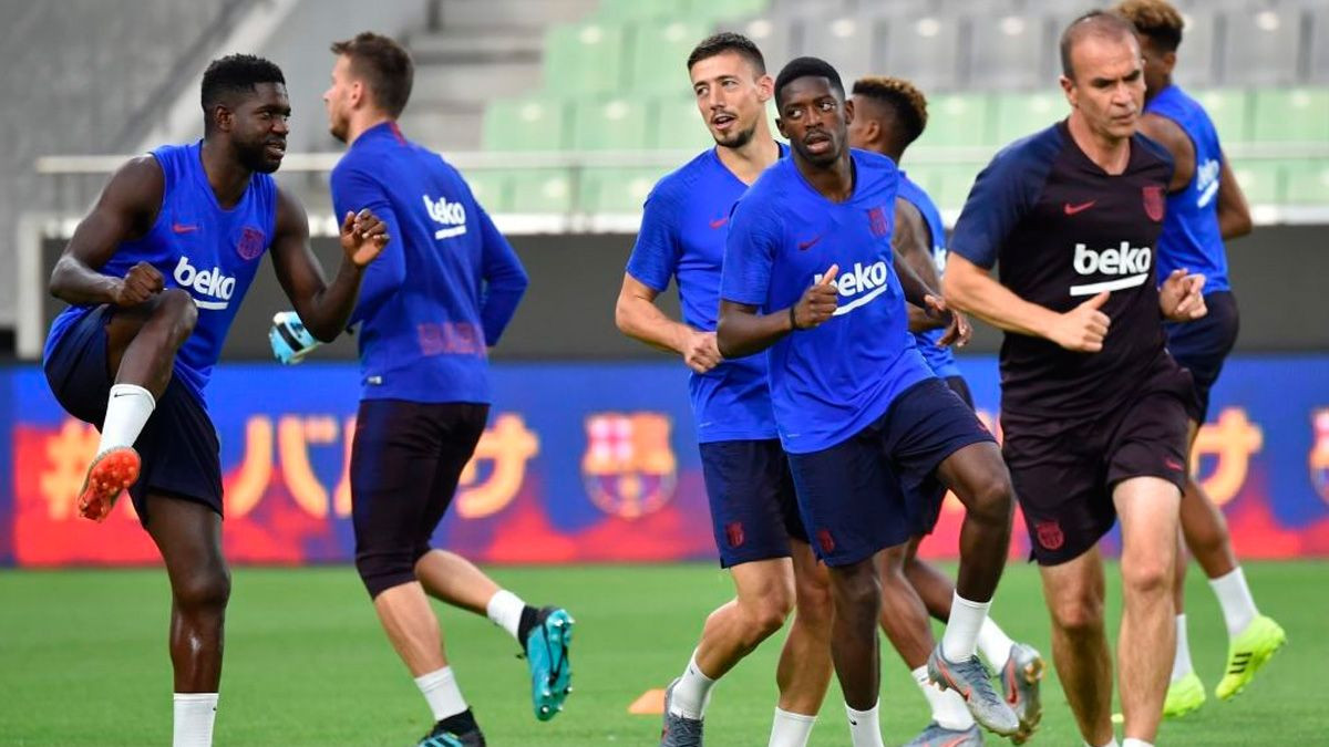 Umtiti y Dembelé en un entrenamiento del primer equipo / FC Barcelona