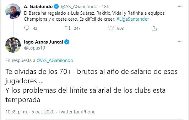 Iago Aspas sale en defensa del Barça / TWITTER