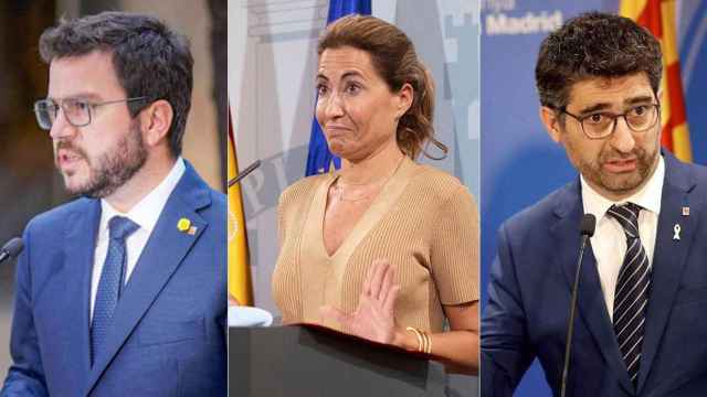 El presidente de la Generalitat, Pere Aragonès (ERC); la ministra de Transportes, Raquel Sánchez (PSOE); y el vicepresidente del Govern, Jordi Puigneró (JxCat) / FOTOMONTAJE CG