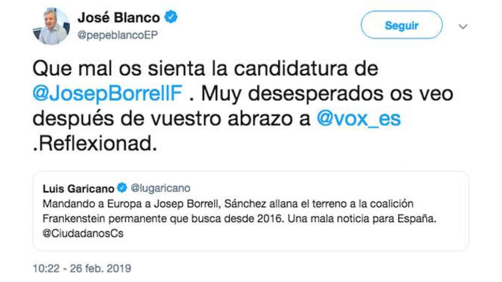 José Blanco se enzarza con Garicano por la candidatura de Borrell / TWITTER
