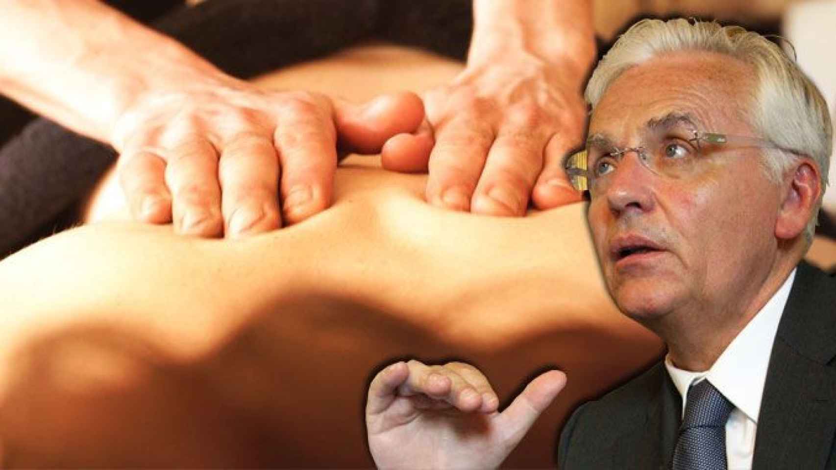 Ferran Mascarell, exdelegado de la Generalitat de Cataluña en Madrid, y la imagen de un masaje en la espalda / FOTOMONTAJE CG