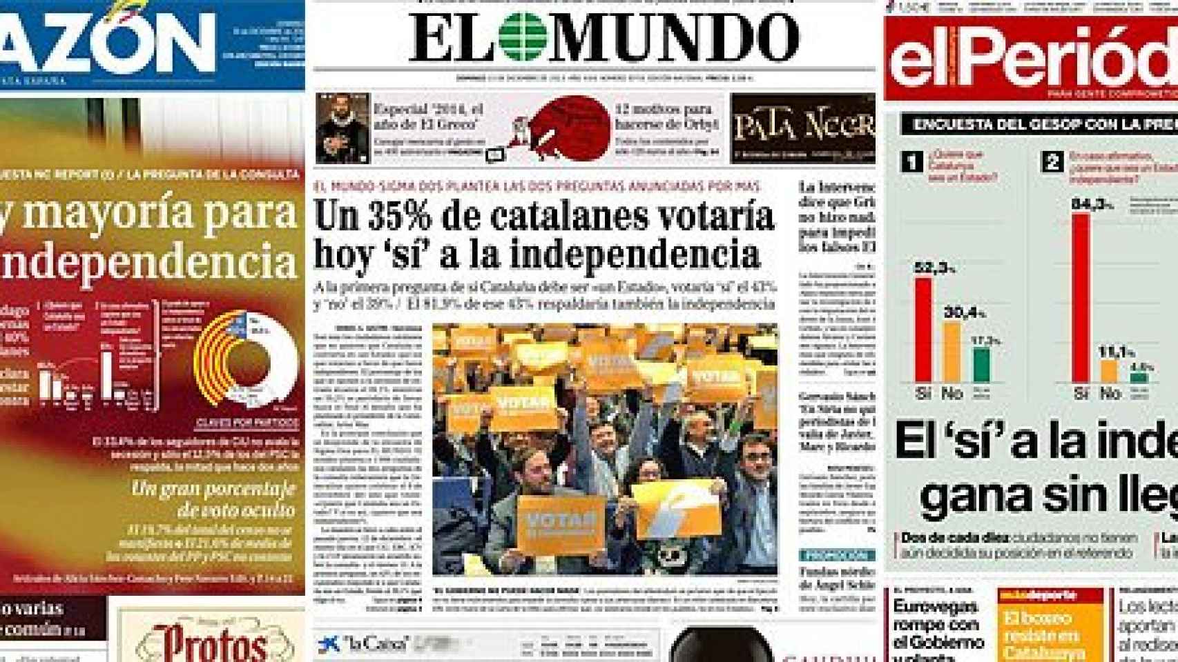 Portadas de 'La Razón, 'El Mundo' y 'El Periódico' con encuestas sobre la secesión de Cataluña según la fórmula planteada por Mas