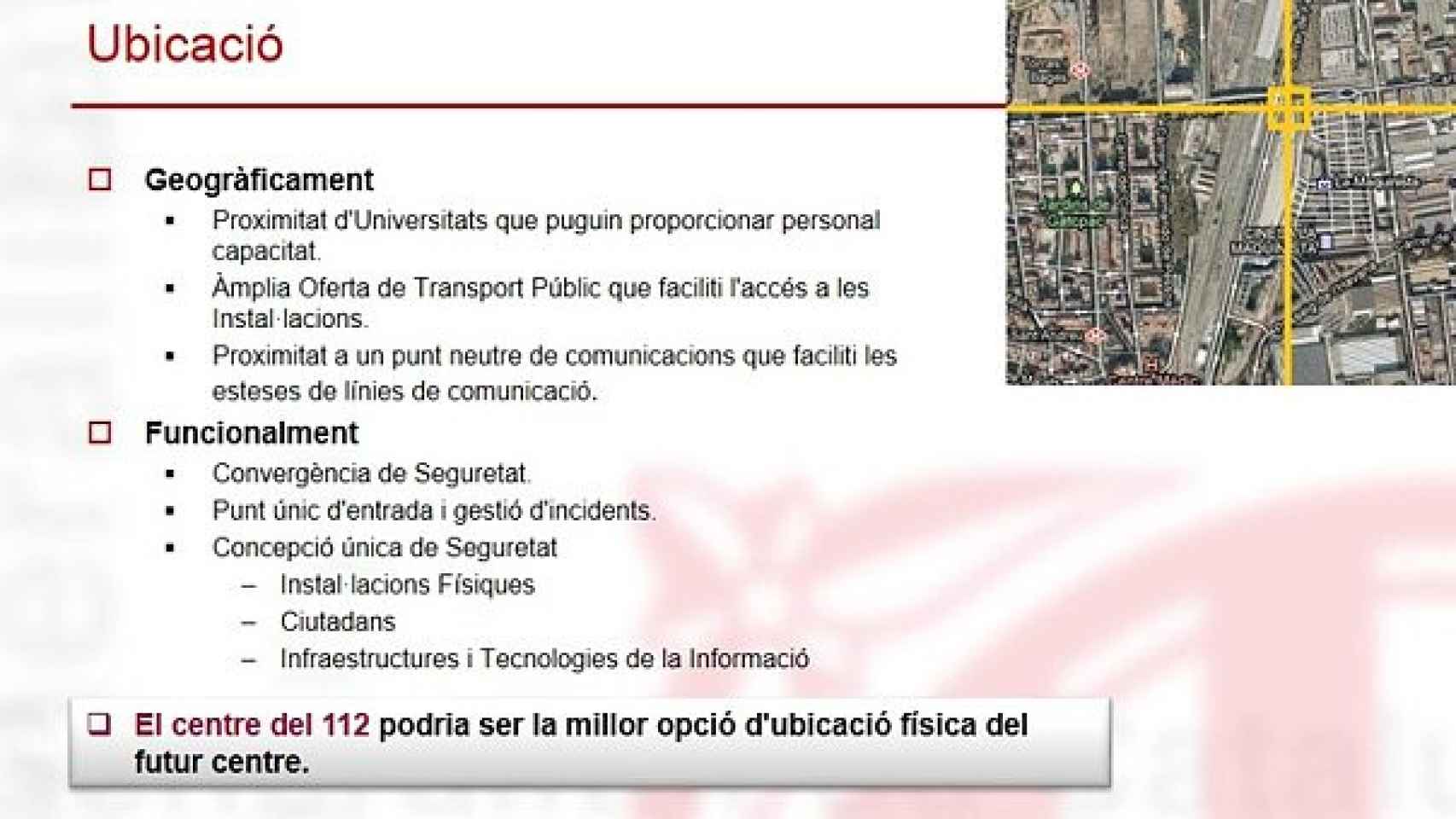 Detalle de una de las páginas de los documentos que estudian la creación de una agencia de seguridad de la Generalitat, en el que se señala el lugar en el que podría estar la sede central