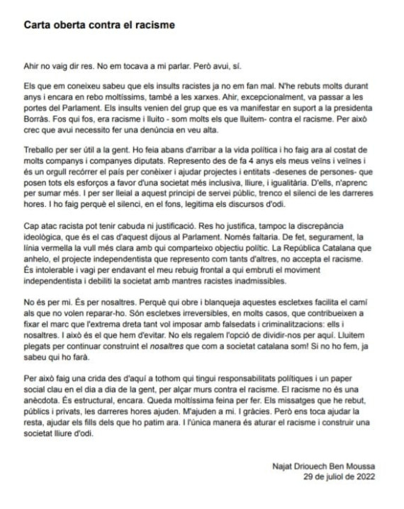 Carta de la diputada Najat Driouech (ERC) tras los insultos racistas / TWITTER