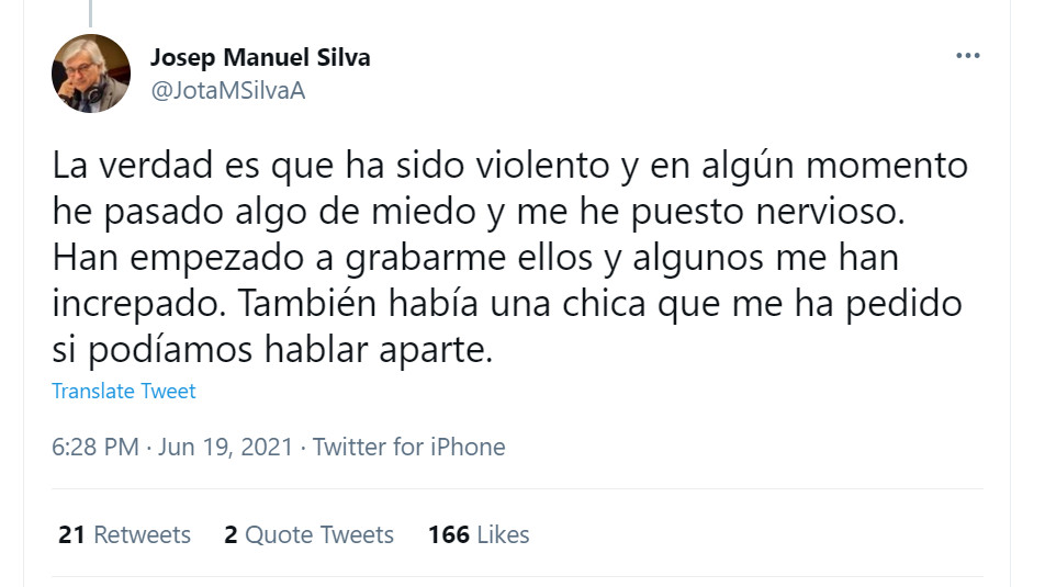 Uno de los mensajes de Josep Manuel Silva en su cuenta personal de Twitter /@JotaMSilvaA