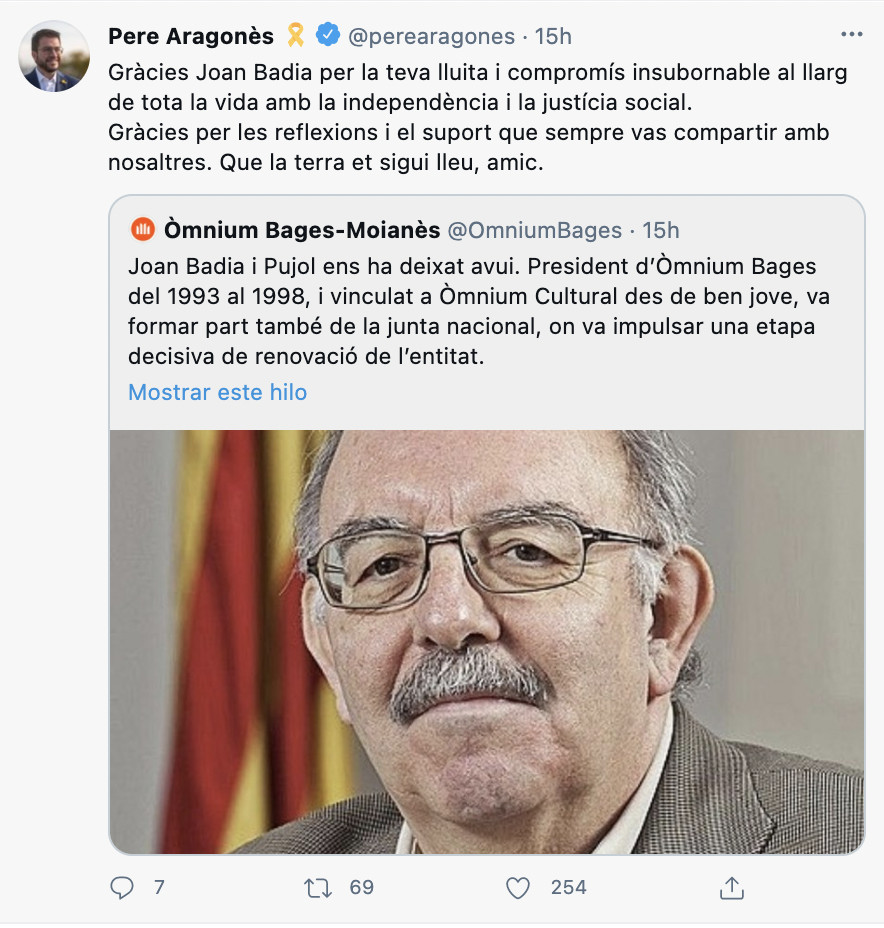 Tuit de Pere Aragonès, en recuerdo de Joan Badia / TWITTER