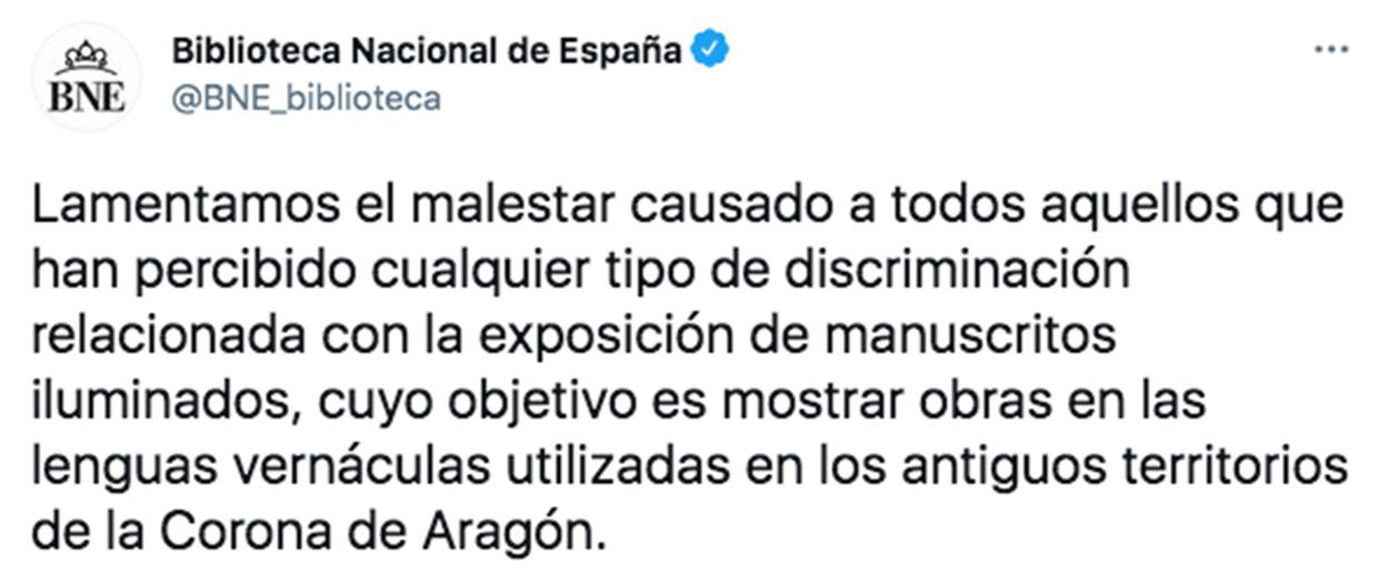 Disculpa de la Biblioteca Nacional de España en Twitter