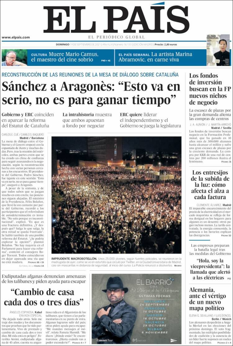 Portada de El País, 19 de septiembre de 2021