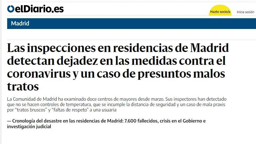 Las primeras planas de 'ElDiario.es' hablan de la gestión de las residencias en la Comunidad de Madrid