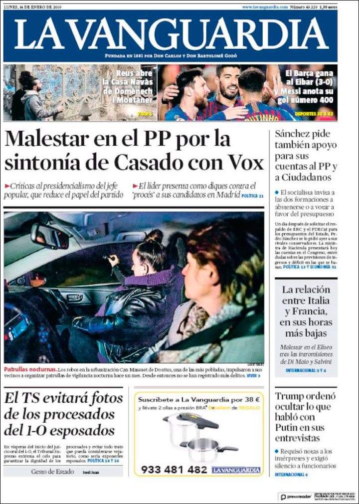 Portada de La Vanguardia del 14 de enero de 2019