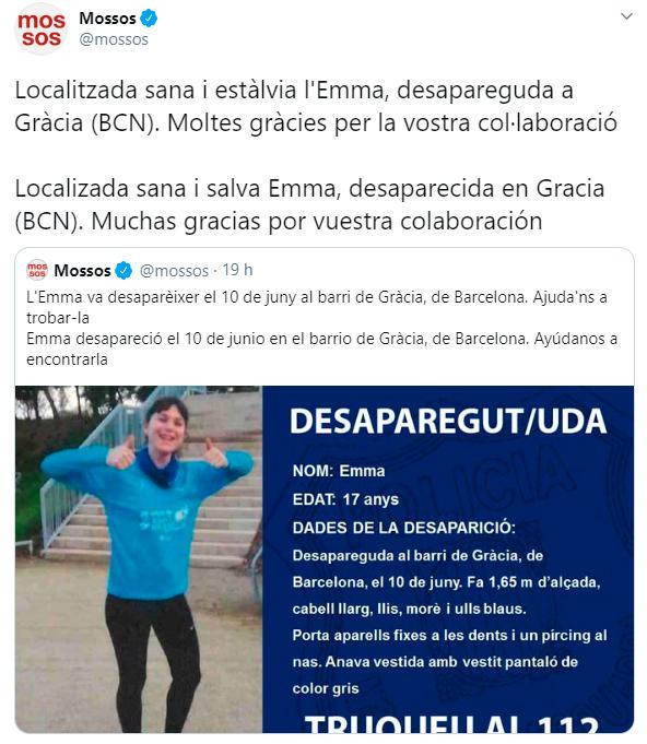 Los Mossos comunican la aparición de Emma, desaparecida en Gràcia