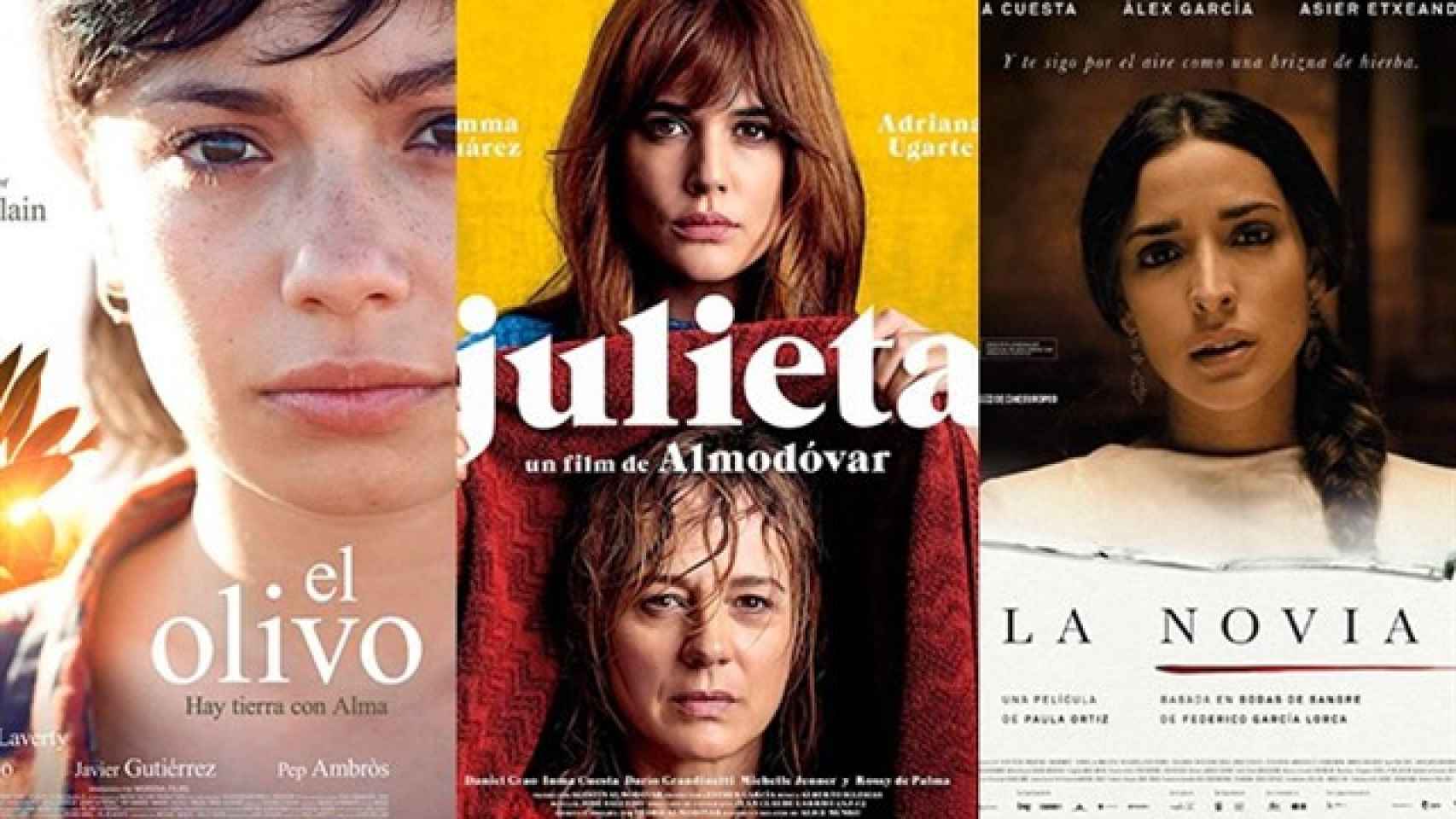 Los carteles de 'El olivo', 'Julieta' y 'La novia', las tres películas preseleccionadas para representar a España en los Oscar. / EUROPAPRESS