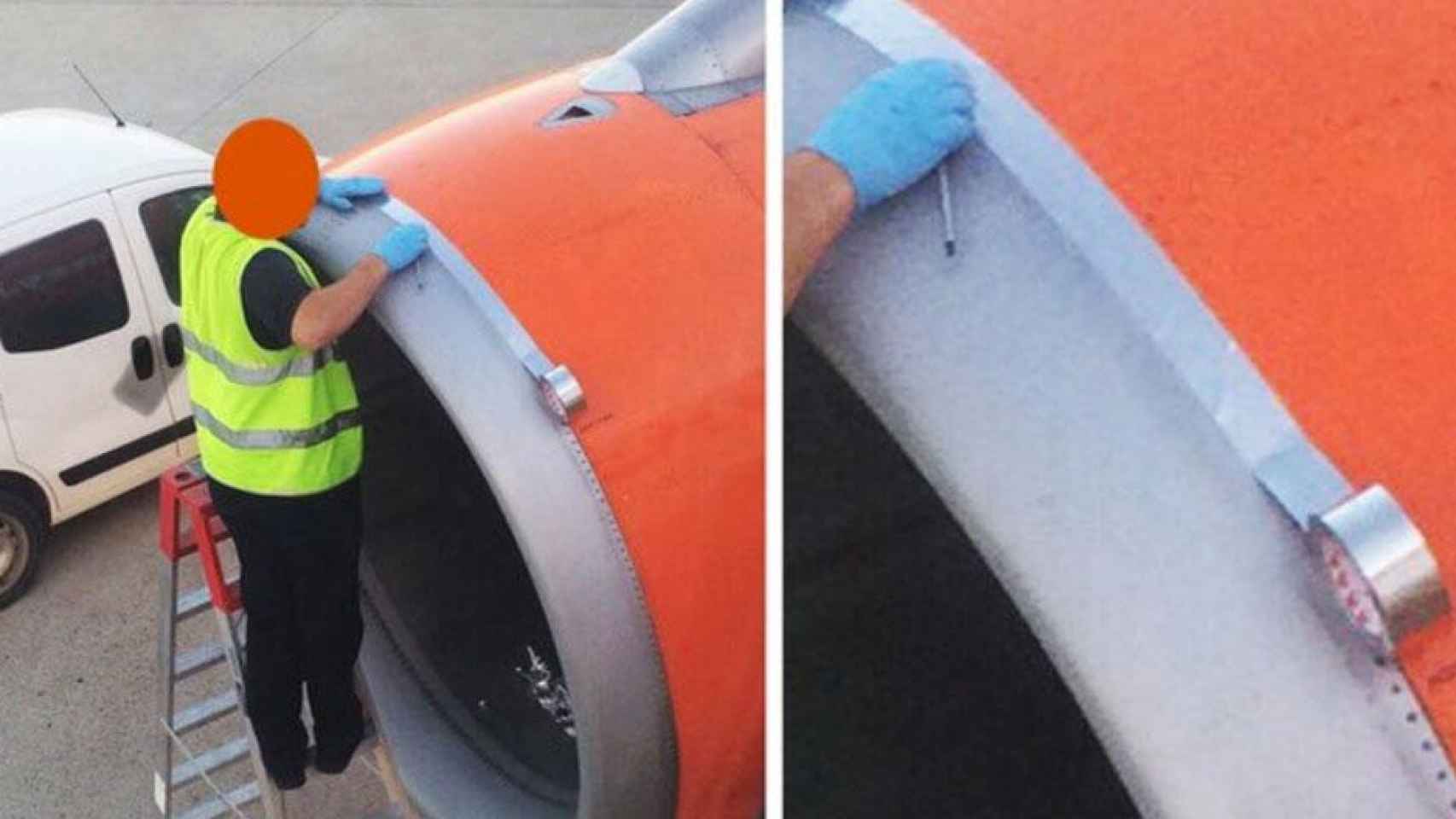 Un operario repara un avión con cinta adhesiva / @J_Morillas