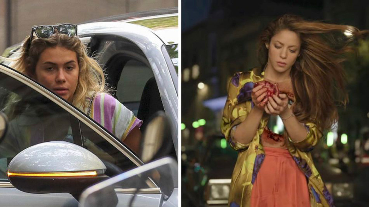 Clara Chía saliendo de un coche y Shakira, en su videoclip de 'Monotonía' / REDES
