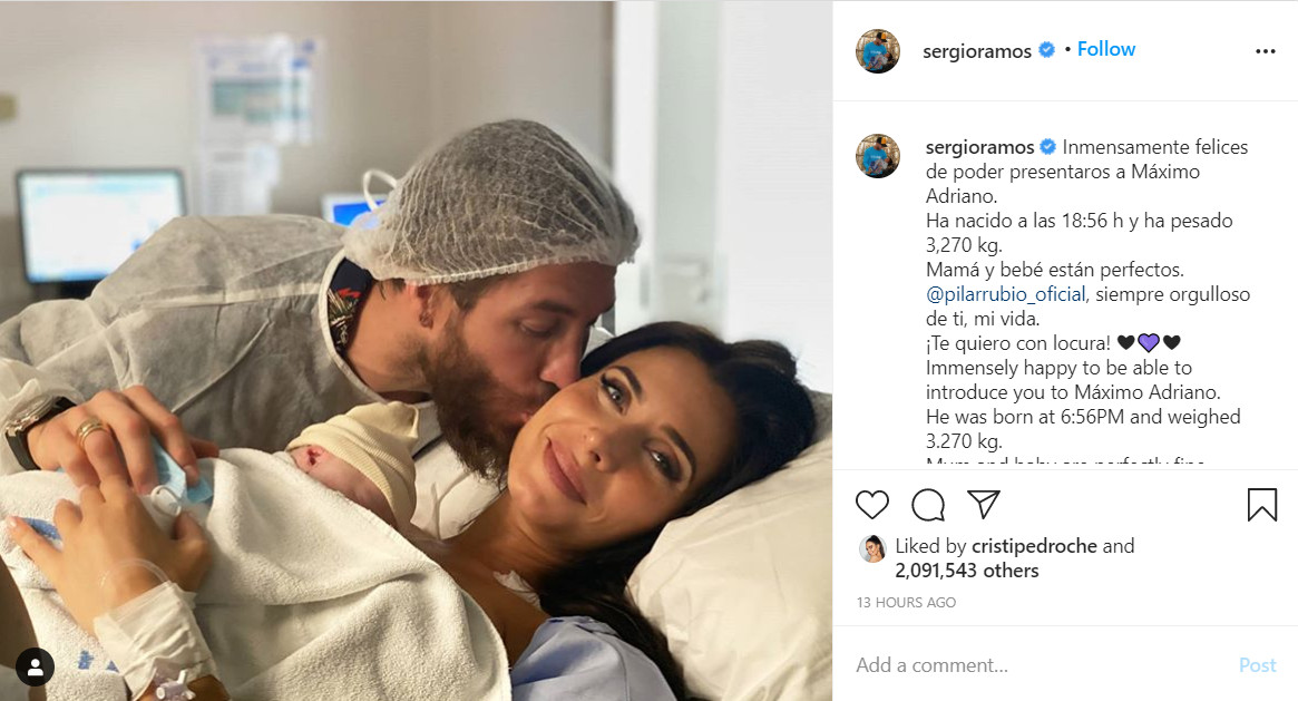 Publicación de Sergio Ramos junto a su cuarto hijo y Pilar Rubio / Instagram