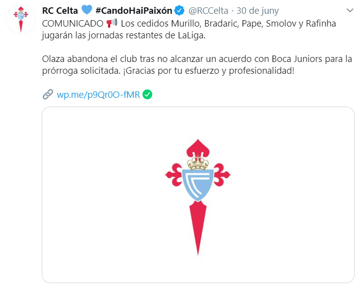 Comunicado del Celta anunciando que Rafinha continuará hasta el final de la Liga / Celta de Vigo