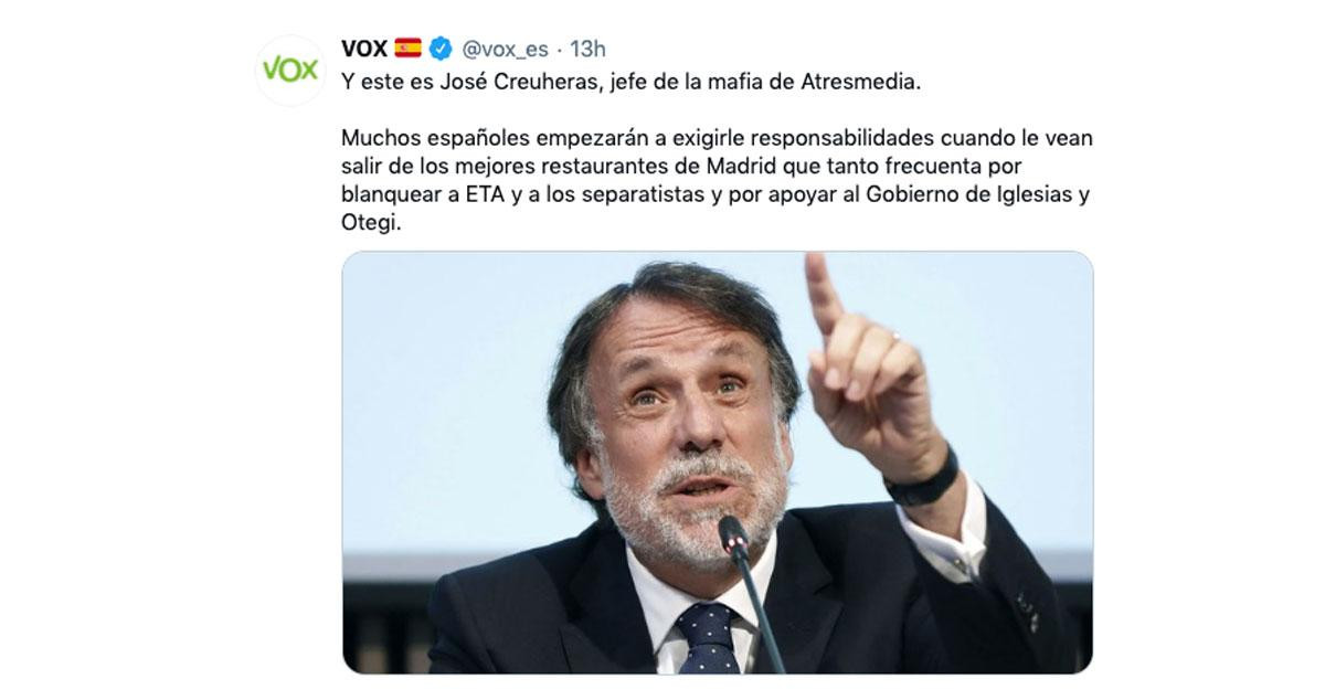 El mensaje que Vox ha lanzado contra el presidente de A3Media, José Creuheras / TWITTER