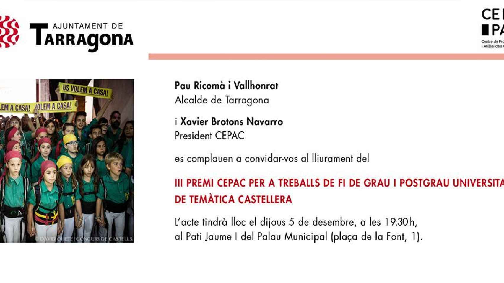 Las invitaciones del Ayuntamiento de Tarragona con niños castellers a favor de los políticos presos
