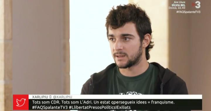 Adrià Carrasco, miembro de los CDR a quien la Audiencia Nacional reclama por terrorismo, en TV3 / TV3