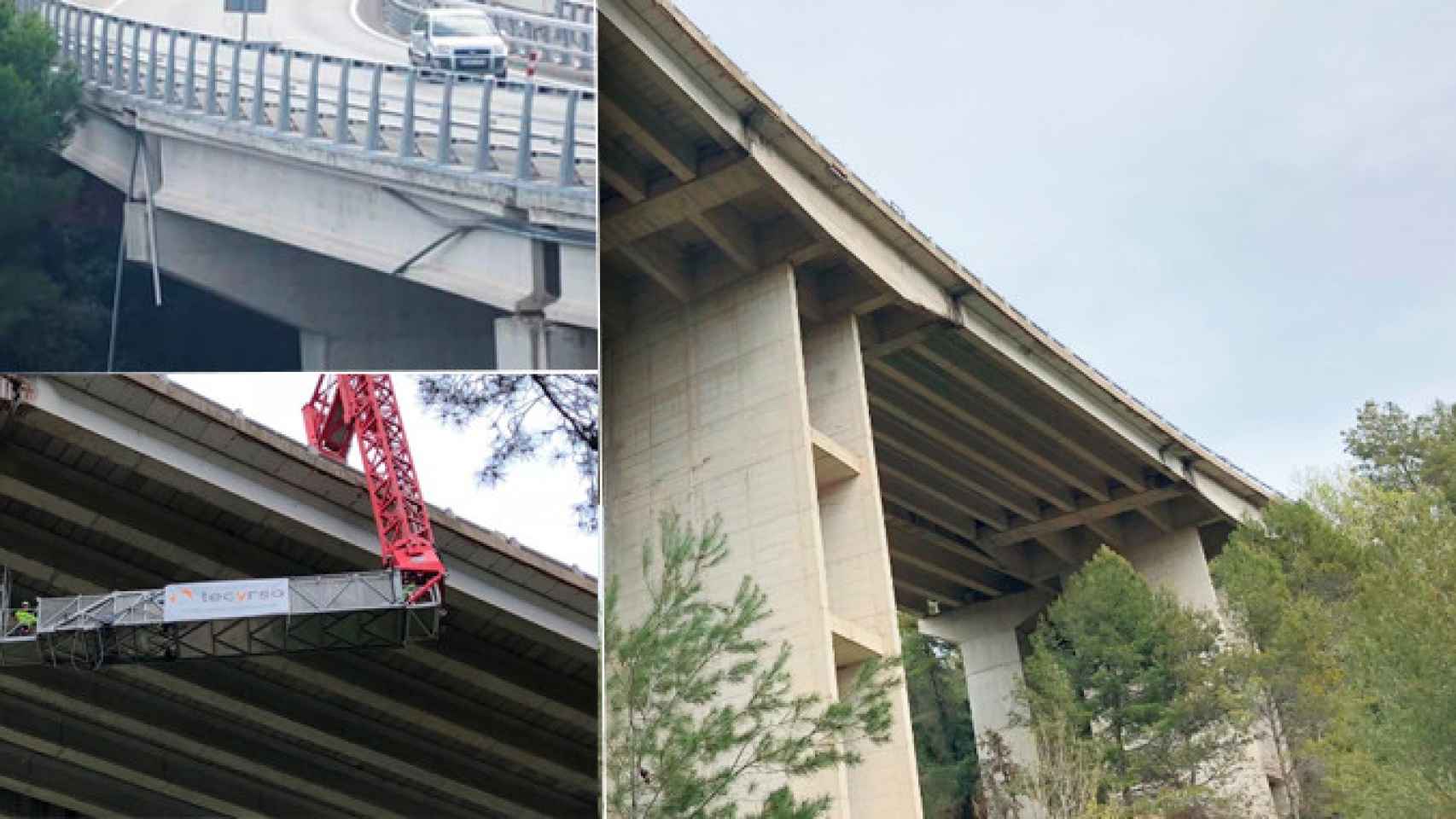 El puente de la A-2 de El Bruc en mal estado en 2016 (izquierda arriba) y en plena reparación (abajo izquierda y derecha), en 2018 / CG
