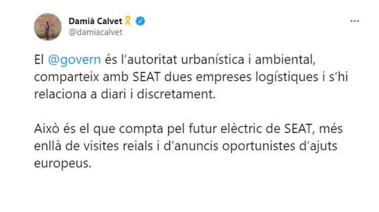 El 'conseller' Damià Calvet, justificando el desaire del Govern independentista a Seat / TWITTER