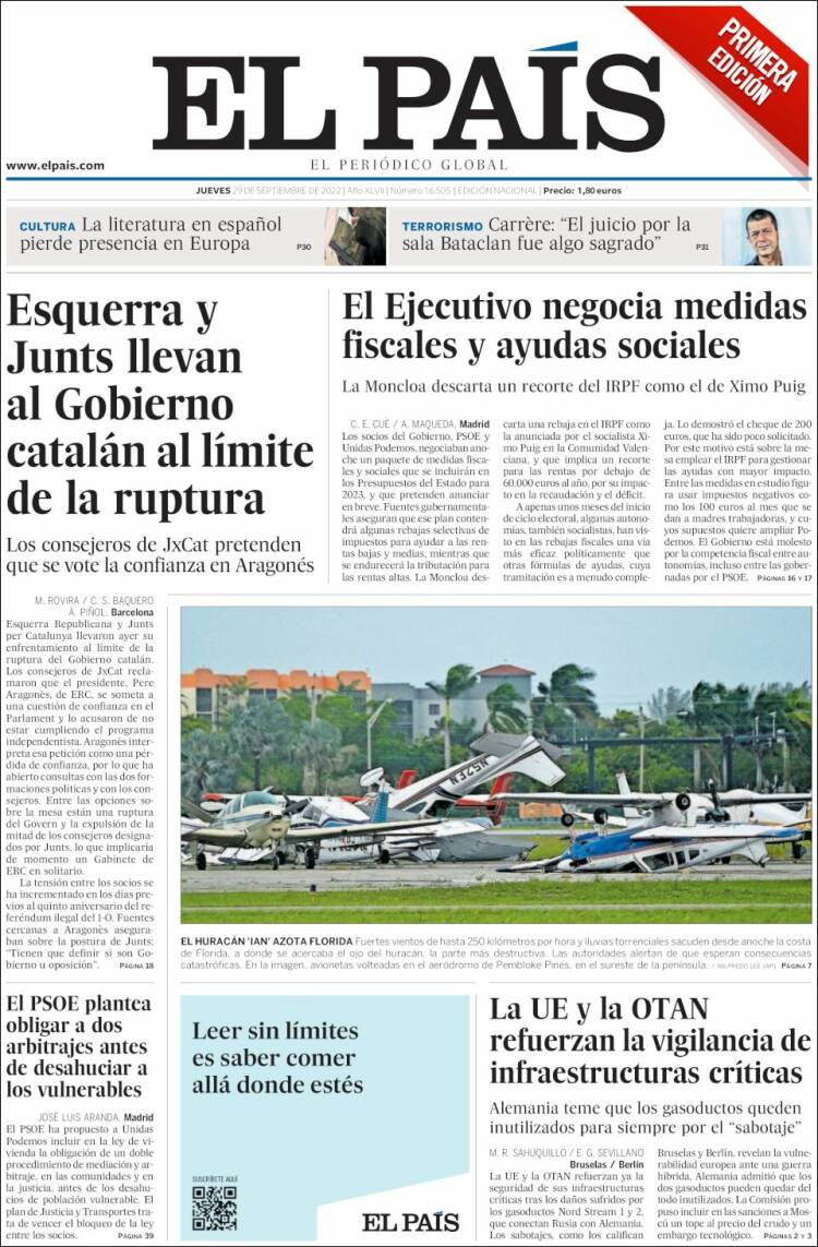 La portada de 'El País' del 29 de septiembre de 2022 / KIOSKO.NET