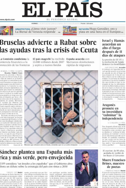 Portada de 'El País' del 21 de mayo de 2021 / EL PAÍS