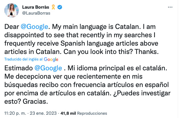 Tuit de Laura Borràs cargando en redes contra Google por priorizar el castellano en las búsquedas / REDES