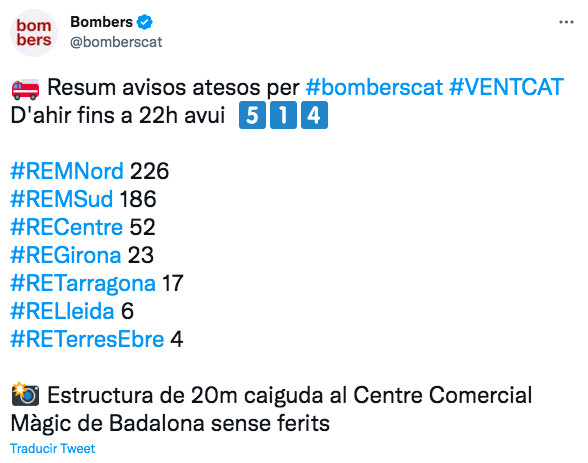 Tuit de los Bomberos de la Generalitat / TWITTER - BOMBERS