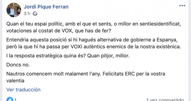 Post de Jordi Piqué Ferran en la red social Facebook