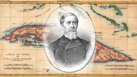 Grabado con la cara de Antonio López y el mapa de Cuba al fondo / BIBLIOTECA NACIONAL DE ESPAÑA