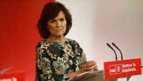 La secretaria de Igualdad del PSOE, Carmen Calvo, durante una rueda de prensa / EP