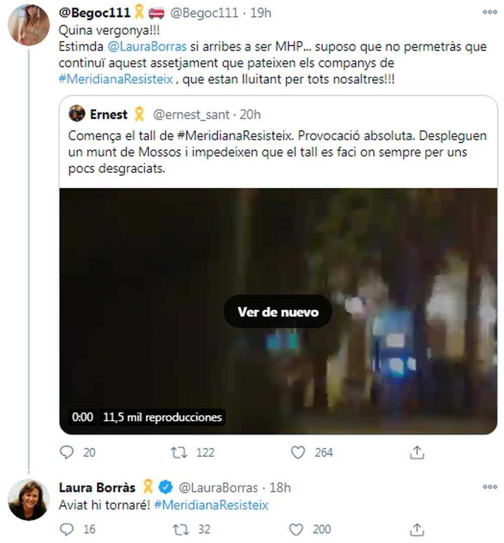 Borràs, jaleando a una usuaria de Twitter que pide prohibir manifestaciones no independentistas en la Meridiana