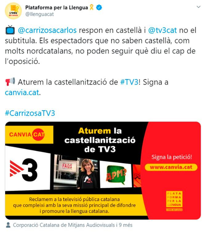 Plataforma per la llengua, contra TV3 por usar el castellano