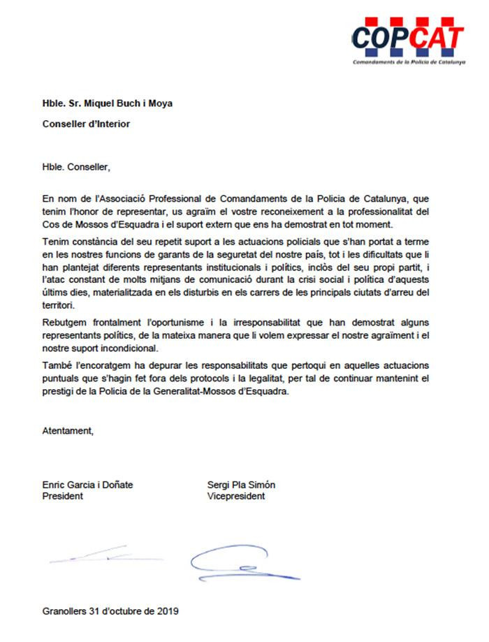 Carta de apoyo de los mandos de Mossos al consejero de Interior Miquel Buch