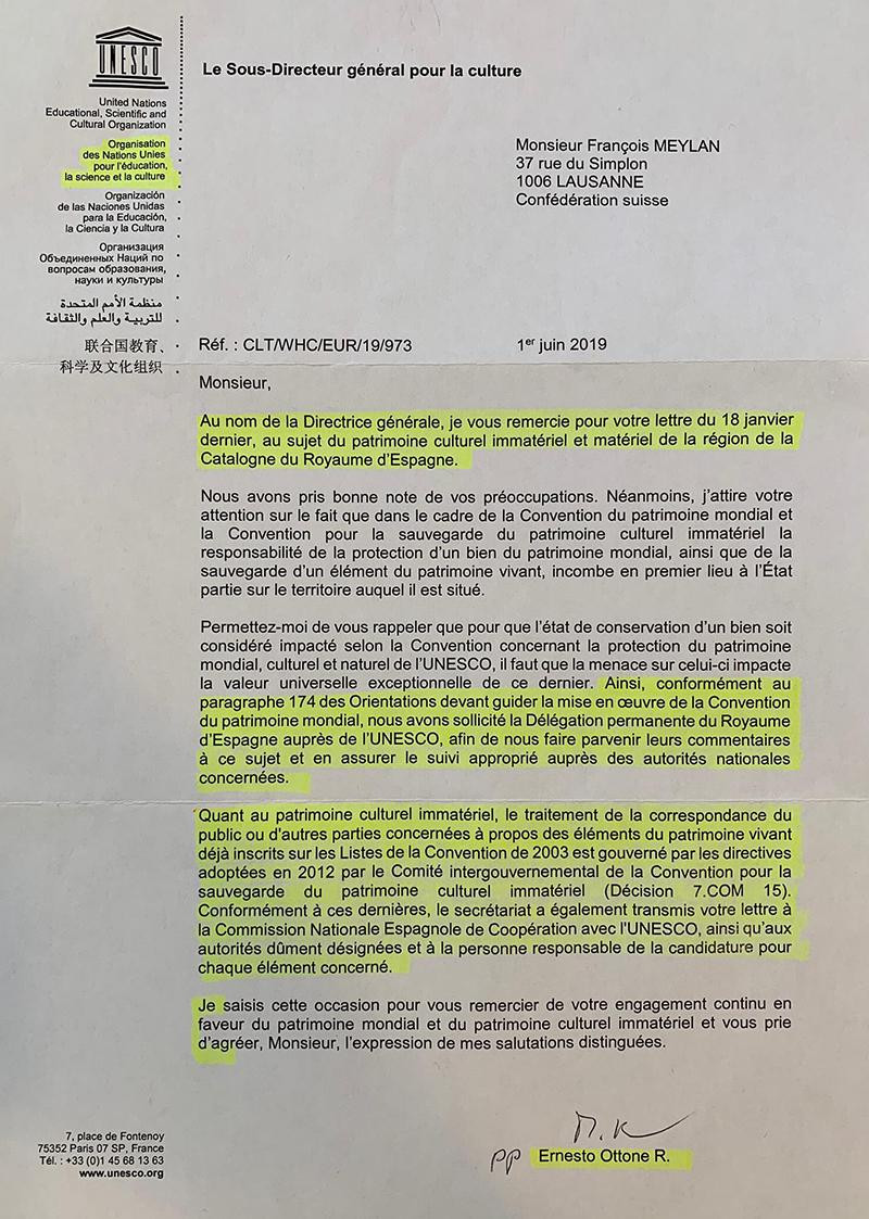 Carta de la Unesco sobre la denuncia contra los ataques independentistas al patrimonio inmaterial español