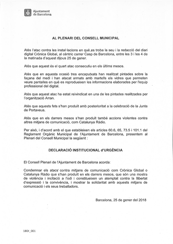 Copia de la declaración institucional de urgencia que condena el ataque a Crónica Global / CG