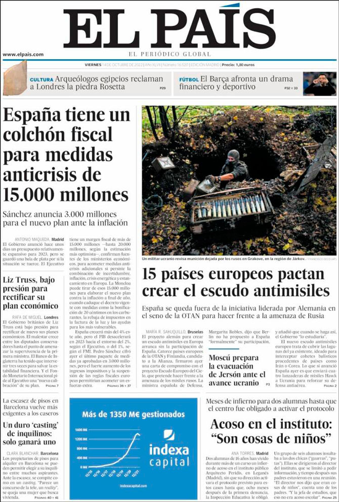 Portada de 'El País' del 14 de octubre de 2022 / Kiosko