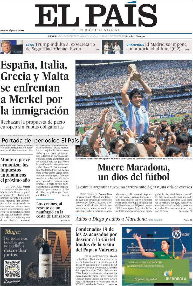 Portada de 'El País' del 26 de noviembre de 2020 / KIOSKO.NET